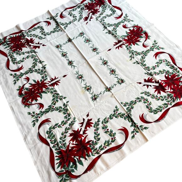 Vintage Christmas Tablecloth printed cotton white red poinsettias holly FLAWS - Picture 2 of 11